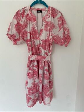 Dotti Pink and White Tropical Print Belted Dress
